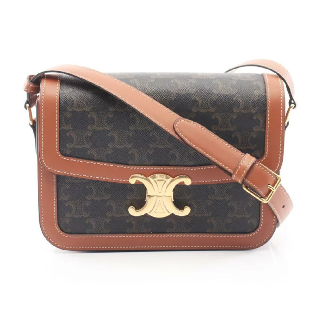 Celine Triomphe Shoulder Bag Canvas Leather Black Brown